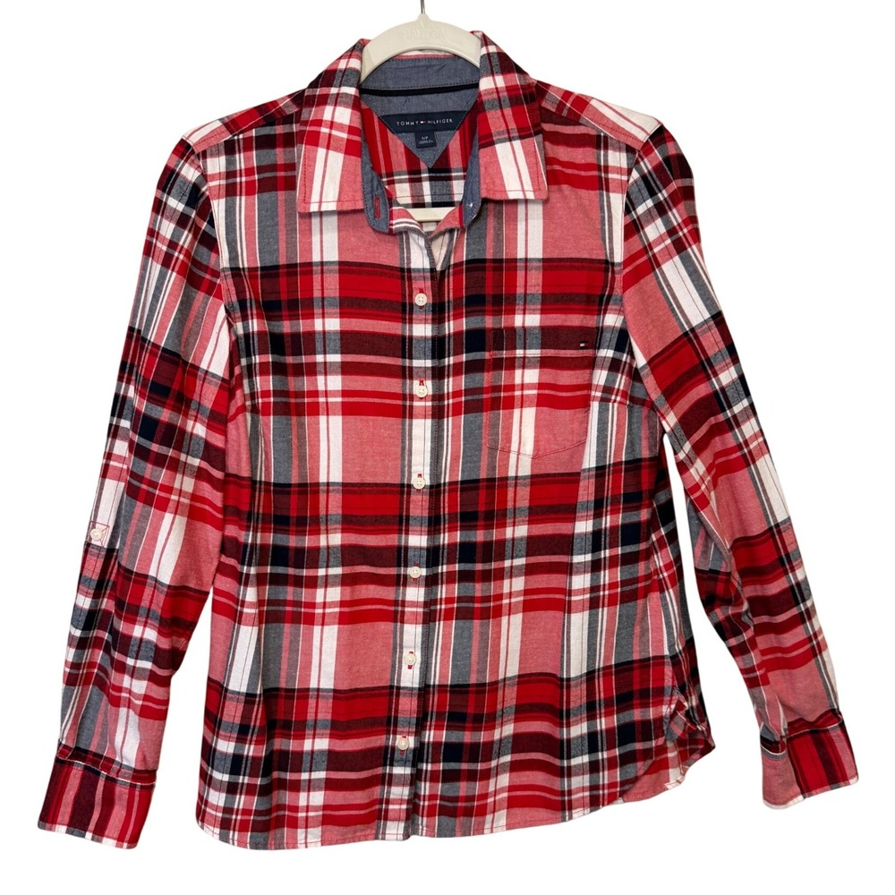 Tommy Hilfiger Womens Button Down Shirt Red Small Plaid Long Preppy Americana
